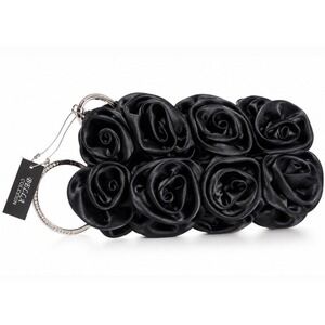 Bella Collection Black Satin 3D Rose Floral Clutch Rhinestone Wristlet Bag NEW